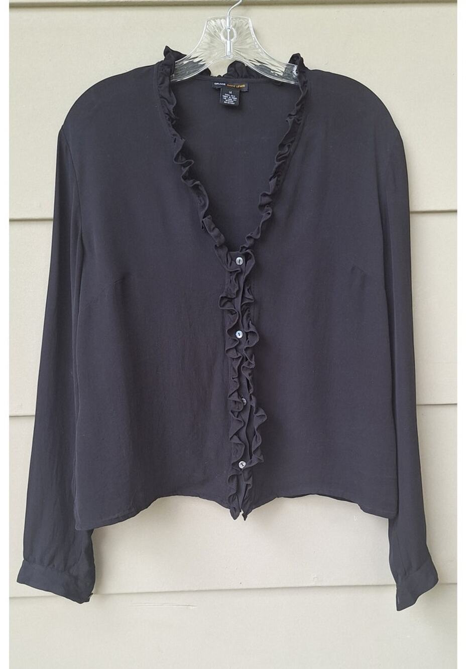 Grace Dane Lewis 100% Silk Black Ruffle Blouse Top  V neck Long Sleeve Size 14 L